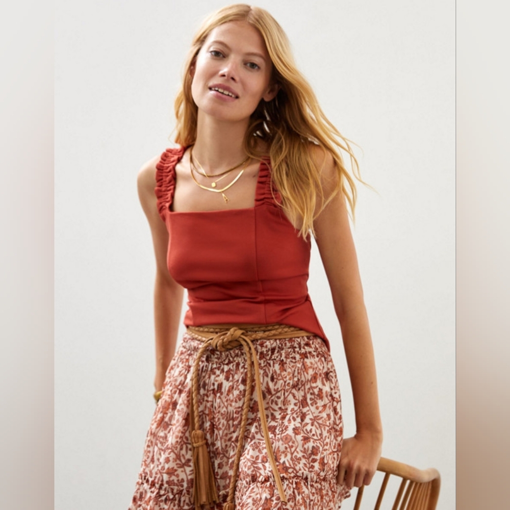 NWT Anthropologie Porridge Ruffled Square Neck Tank Sz XS
